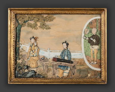 A Chinese Export Trapunto and Painted Silk Embroidery Panel: A Chinese Export Trapunto and Painted Silk Embroidery Panel 19th Century with Chinese characters inscribed to frame verso. 16 1/2 x 22 1/2 inches. This lot is located in Cincinnati. Property from the