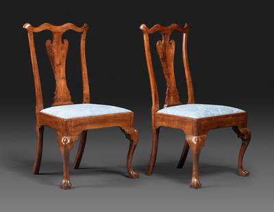 A Pair of Queen Anne Carved Walnut Trifid Foot Side Chairs: A Pair of Queen Anne Carved Walnut Trifid Foot Side Chairs Attributed to William Savery, Philadelphia, Circa 1750 one example with front seat rail and slip seat marked V, the other with the front rail