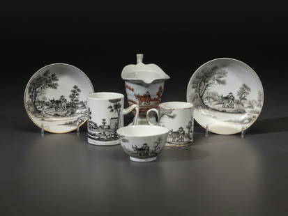 Six Chinese Export Porcelain 'Quaker Farmer' Articles: Six Chinese Export Porcelain 'Quaker Farmer' Articles Circa 1800 comprising a sepia cream pitcher, and three cups and two saucers en grisaille. Height of creamer 5 1/4 inches. The Morris family of Phi