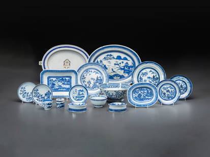 Sixteen Chinese Export Blue and White Porcelain Table Articles: Sixteen Chinese Export Blue and White Porcelain Table Articles Late 18th/Early 19th Century comprising an armorial hot water platter, two salts, two plates, five saucers, a tea cup, a small cylindrica