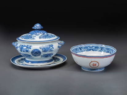 A Chinese Export Blue Fitzhugh Porcelain Tureen, Undertray, and Punch Bowl: A Chinese Export Blue Fitzhugh Porcelain Tureen, Undertray, and Punch Bowl Late 18th/Early 19th Century Height of tureen 10 1/2 x width 14 inches. Height of bowl 4 7/8 x diameter 11 inches. This lot i