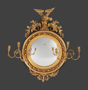 A Federal Giltwood Bull's Eye Six-Light Girandole Looking Glass: A Federal Giltwood Bull's Eye Six-Light Girandole Looking Glass 19th Century Height 47 x width 43 x depth 11 inches. This lot is located in Cincinnati. Provenance: Estate of Chester and Claire Kellogg