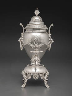 An American Silver Hot Water Urn: An American Silver Hot Water Urn Wood and Hughes, New York, Circa 1870s in a Neo-Grec medallion pattern. stamped W&H 900/1000 on underside. 85 ozt 11 dwt Height 19 1/2 inches.