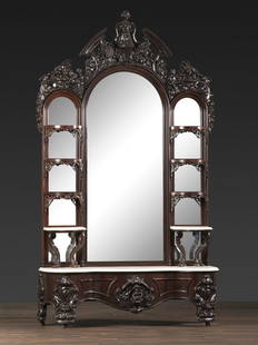 A Renaissance Revival Marble Mounted Carved and Laminated Rosewood Etagere: A Renaissance Revival Marble Mounted Carved and Laminated Rosewood Etagere Attributed to John Henry Belter (American, 1804-1863), Circa 1855 Height 108 x width 64 x depth 17 inches. A near identical e