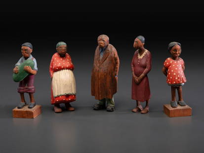 Five Carved and Painted Wood Folk Art Figures, Attributed to Tom Brown (Pleasant Hill, Tennessee,: Five Carved and Painted Wood Folk Art Figures, Attributed to Tom Brown (Pleasant Hill, Tennessee, 1884-1947) Height of tallest 5 1/2 inches. This lot is located in Cincinnati. Property from the Estate