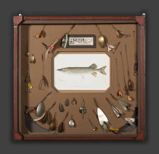 Two Fishing Lure Dioramas: Two Fishing Lure Dioramas New York, Early 20th Century one featuring J.T. Buel spoons and spinners, many stamped. the other with handwritten key identifying spoons. Height of larger 25 x width 25 3/4