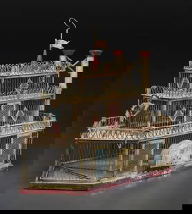 A Painted Sheet Metal and Wire Steamboat Form Birdcage: A Painted Sheet Metal and Wire Steamboat Form Birdcage Early 20th Century Height 26 1/2 x width 28 x depth 14 inches. This lot is located in Cincinnati. Property from the Estate of George H. Quay, Cha