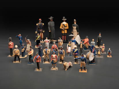 A Collection of Folk Art Carved and Painted 'English Parade' Figures: A Collection of Folk Art Carved and Painted 'English Parade' Figures Circa 1897 likely made on the occasion of Queen Victoria’s Diamond Jubilee in 1897. including armed soldiers, civilians, a li