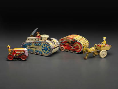 Four Marx Tin Lithograph Mechanical Toys: Four Marx Tin Lithograph Mechanical Toys 20th Century comprising a windup 'Tank Corps No. 3' US Army Turn Over Tank, a tank with pop-up soldier and friction motor, a windup 'Midget Climbing Tractor,'