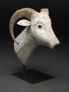 A Folk Art Carved and Painted Wood Ram's Head: A Folk Art Carved and Painted Wood Ram's Head Likely New England, 20th Century with applied ram's horns and leather ears. Height 18 inches. Illustrated in Wendy Lavitt Animals in American Folk Art, Al