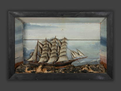 A Carved and Painted Wood Ship Diorama: A Carved and Painted Wood Ship Diorama 20th Century housed in a shadowbox frame. 22 7/8 x 34 1/2 inches. This lot is located in Cincinnati. Property from the Estate of George H. Quay, Chagrin Falls, O