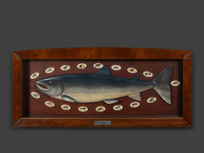 A Folk Art Fishing Lure Display: A Folk Art Fishing Lure Display Early 20th Century plaque affixed to lower edge of frame reading King Salmon / 1928. 19 x 48 1/2 inches. This lot is located in Cincinnati. Property from the Estate of