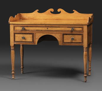 A Classical Bird’s Eye and Tiger Maple Writing Desk: A Classical Bird’s Eye and Tiger Maple Writing Desk Circa 1840 Height 35 x width 39 x depth 18 1/2 inches. This lot is located in Cincinnati. Property from the Estate of George H. Quay, Chagrin