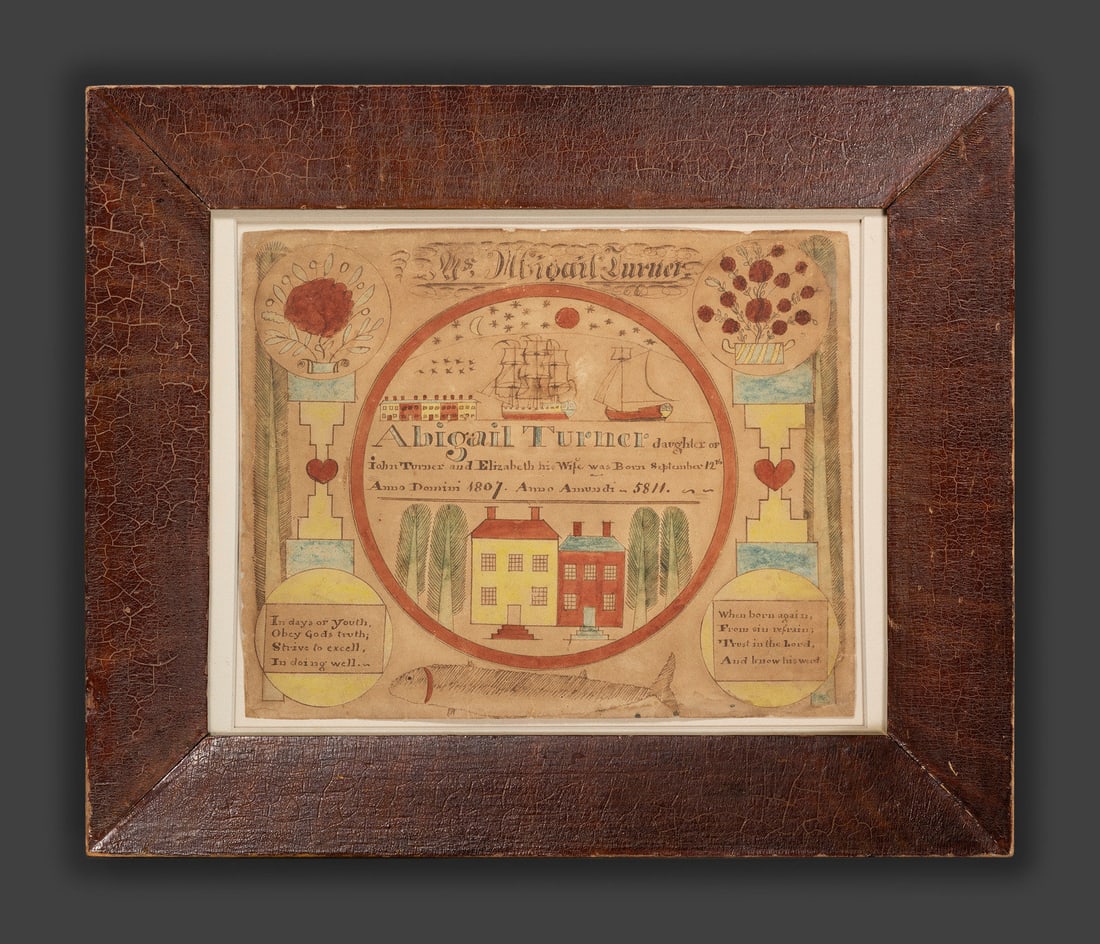 A Birth Record Watercolor Fraktur Identified to Abigail Turner (1807-1876), Possibly by E. Firth (1 of 3)