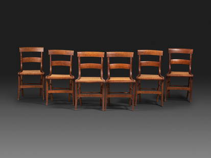 A Set of Six Classical Tiger Maple Cane-Seat Dining Chairs: A Set of Six Classical Tiger Maple Cane-Seat Dining Chairs 19th Century Height 33 x width 16 x depth 18 inches. This lot is located in Cincinnati.