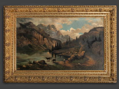 American School, Early 20th Century: American School, Early 20th Century Mountain Landscape with Cattle oil on canvas laid to Masonite unsigned 30 1/8 x 50 inches. This lot is located in Cincinnati. Provenance:Skinner, Boston, Massachuse