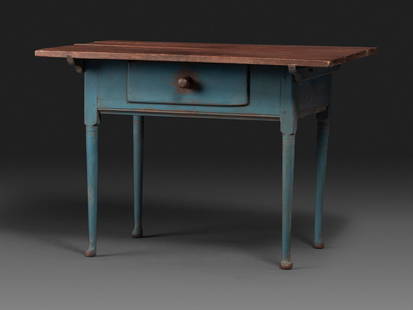 A Country Queen Anne Blue Painted and Red-Stained Walnut Tavern Table: A Country Queen Anne Blue Painted and Red-Stained Walnut Tavern Table 19th Century Height 29 x width 41 1/2 x depth 30 inches. This lot is located in Cincinnati.
