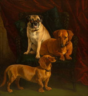 John Sargent Noble(British, 1848-1896)Dachshunds and a Pug: John Sargent Noble (British, 1848-1896) Dachshunds and a Pug oil on canvas signed with initials J.S.N. (lower right) 37 1/8 x 34 1/4 inches. Property from the Collection of Frances G. Scaife 7500 Prov