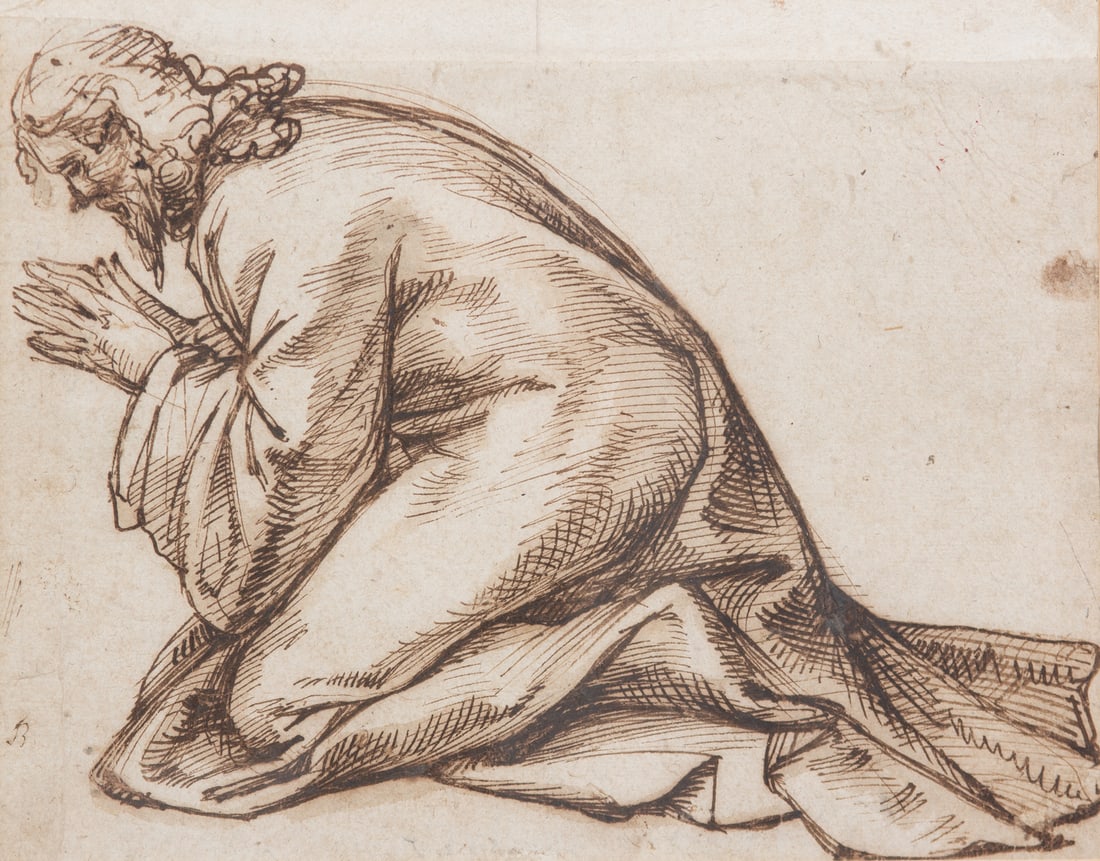 Bartolomeo Passarotti (Italian, 1529-1592)Kneeling Man at Prayer: Bartolomeo Passarotti (Italian, 1529-1592) Kneeling Man at Prayer pen and brown ink on paper inscribed with initial B (lower left) 8 1/2 x 11 inches. 2500 Provenance: Private collection, Palm Beach, F