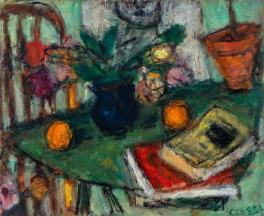 Béla Adalbert Czóbel(Hungarian, 1883-1976)Nature morte sur table verte, 1961: Béla Adalbert Czóbel (Hungarian, 1883-1976) Nature morte sur table verte, 1961 oil on canvas signed Czóbel (lower right); dated (on the reverse) 23 3/4 x 29 inches. 4000 Provenance: R.S