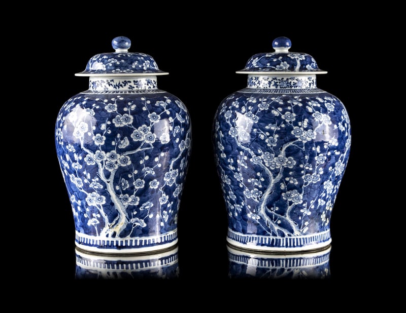 A Pair of Chinese Blue and White Porcelain 'Ice Crackles and Prunus' Covered Jars (1 of 4)