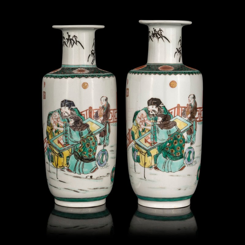 A Pair of Chinese Famille Verte Porcelain Rouleau Vases (1 of 4)