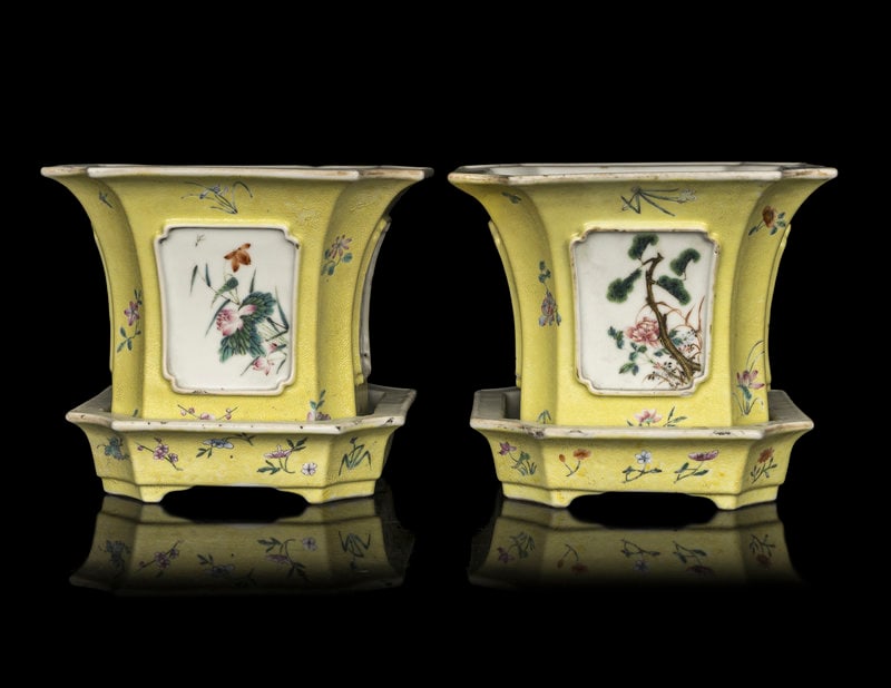 A Pair of Chinese Sgraffito Yellow Ground Famille Rose Porcelain Cache Pots (1 of 4)