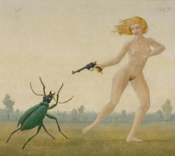 John Wilde (American, 1919-2006) To Shoot a Beetle, 1964: John Wilde (American, 1919-2006) To Shoot a Beetle, 1964 oil on board signed with initial J (upper left) and dated (upper right); signed and dated (on the reverse) 7 x 8 inches. Provenance: Banfer Gal