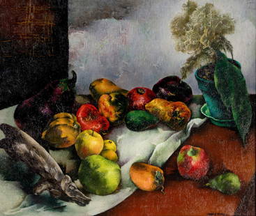 William Samuel Schwartz (American/Russian, 1896&#8211;1977) Fruit and Driftwood: William Samuel Schwartz (American/Russian, 1896&#8211;1977) Fruit and Driftwood oil on canvas signed William S. Schwartz (lower right); signed, titled, and inscribed #473 and Chicago (on the reverse)