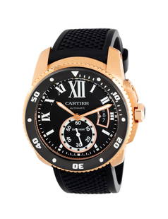 CARTIER, 18K YELLOW GOLD 'CALIBRE DE CARTIER' WATCH: CARTIER, 18K YELLOW GOLD 'CALIBRE DE CARTIER' WATCH Maker: Cartier Model: Calibre De Cartier Reference number: W7100052 Case size: Approx. 42 mm Case material: 18K rose gold Dial: Black Movement: Auto