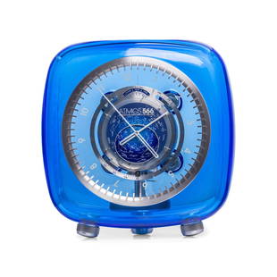 JAEGER LECOULTRE, ATMOS 566 CLOCK WITH BLUE BACCARAT CRYSTAL BY MARC NEWSON: JAEGER LECOULTRE, ATMOS 566 CLOCK WITH BLUE BACCARAT CRYSTAL BY MARC NEWSON Maker: Jaeger-LeCoultre Model: Atmos 566 by Marc Newson Limited edition: 08/28 Year: Circa 2010 Size: Approx. 900 x 900 x