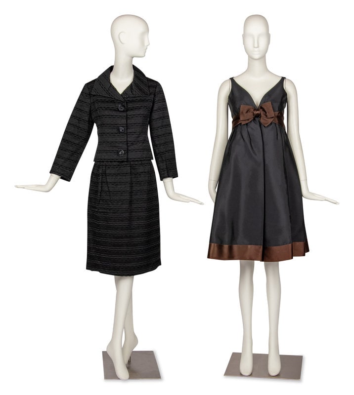 Geoffrey Beene Dress and Guy Laroche Suit, 1960s : Geoffrey Beene Dress and Guy Laroche Suit, 1960s THE FIRSTBlack silk dress with deep V neckline, trimmed with brown silk satin wide ribbon forming a bow at the the waist. Labe
