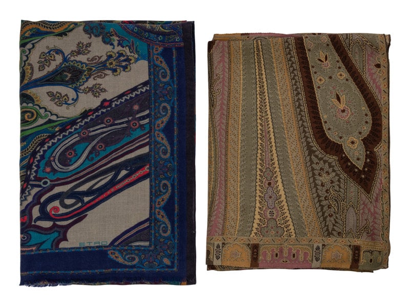 Two Etro Cashmere Scarves: Two Etro Cashmere Scarves This lot includes two scarves.THE FIRSTBlue, beige, orange, and purple paisley-mandala printed shawl with rolled and fringed edges.Label: EtroSty
