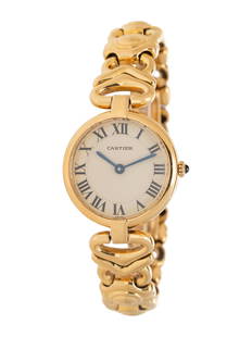 CARTIER, REF. 0358 18K YELLOW GOLD 'VENDÔME' WATCH: CARTIER, REF. 0358 18K YELLOW GOLD 'VENDÔME' WATCH Maker: Cartier Model: Vendôme Case size: Approx. 23 mm Case material: 18K yellow gold Dial: White Movement: Quartz Bracelet/Strap: 18K