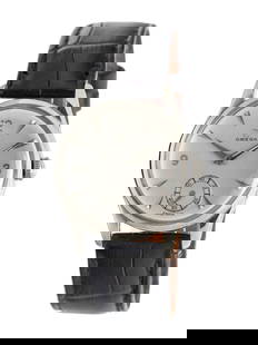 OMEGA, STAINLESS STEEL WATCH: OMEGA, STAINLESS STEEL WATCH Maker: Omega Case size: Approx. 30 mm Case material: Stainless steel Dial: Grey Movement: Manual wind Bracelet/Strap: Black leather This lot is located in Chicago.