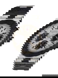 BULGARI, REF. 103383 'ALUMINUM' WATCH: BULGARI, REF. 103383 'ALUMINUM' WATCH Maker: Bulgari Model: Aluminum Reference number: 103383 Case size: Approx. 40 mm Case material: Aluminum and titanium Dial: Silvered Movement: Automatic Bracelet/