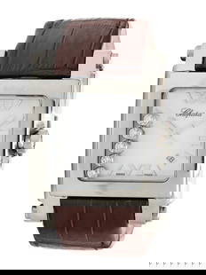 CHOPARD, STAINLESS STEEL 'HAPPY SPORT' WATCH: CHOPARD, STAINLESS STEEL 'HAPPY SPORT' WATCH Maker: Chopard Model: Happy Sport Case size: Approx. 35 x 33 mm Case material: Stainless steel Dial: White Movement: Quartz Bracelet/Strap: Brown leather s