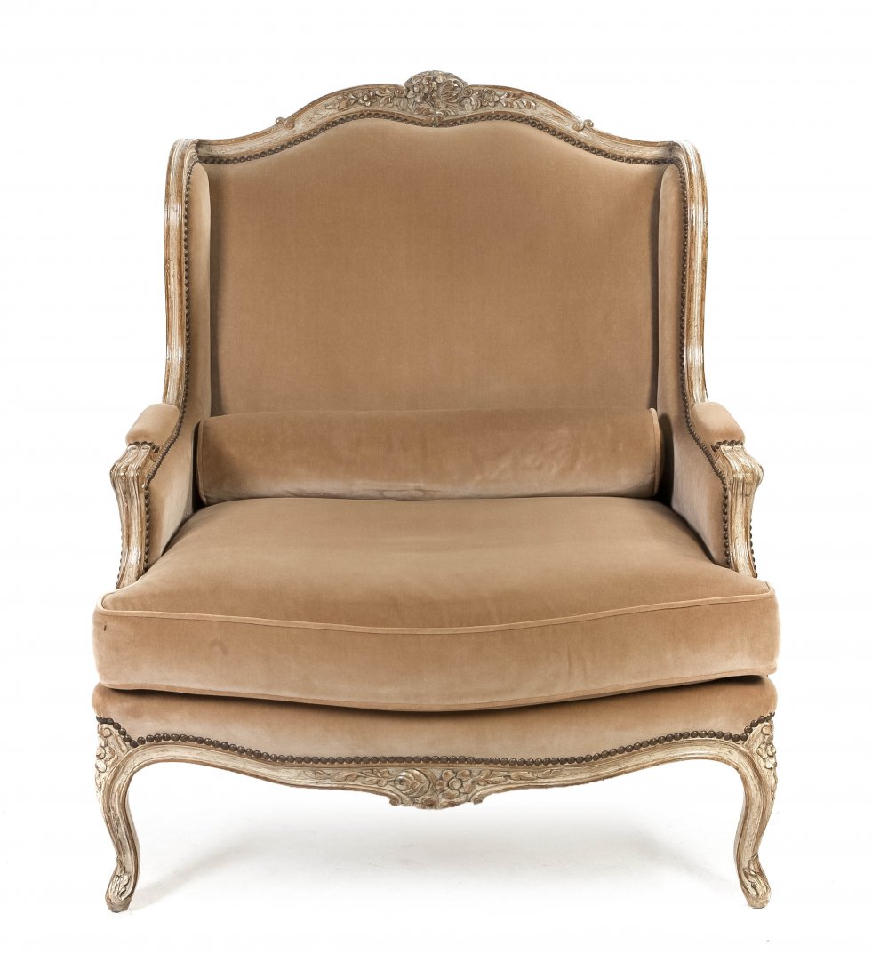 A Louis XV Style Upholstered Settee, Height 42 x: A Louis XV Style Upholstered Settee, with everted arms enclosing an upholstered seat and conforming bolster cushions, raised on cabriole legs. Height 42 x width 36 x depth 27 inches.