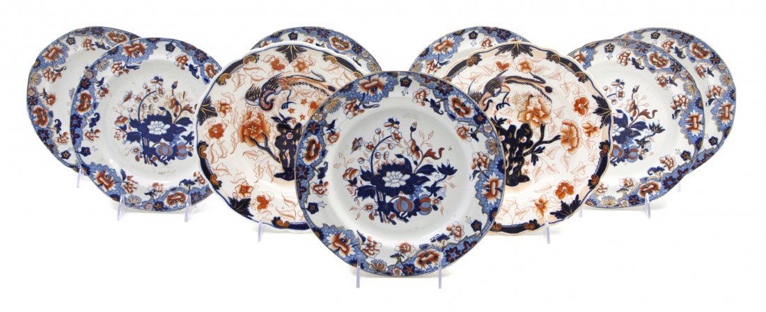 A Set of Seven Spode Imari Style Dinner Plates, D: A Set of Seven Spode Imari Style Dinner Plates, with blue and orange floral decoration throughout, together with two Coalport soup bowls. Diameter of largest 10 inches.