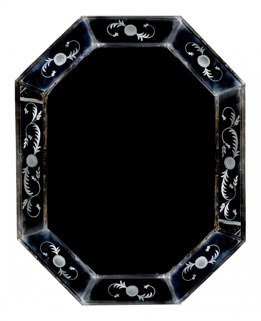 A Venetian Glass Mirror, Height 29 x width 22 inc: A Venetian Glass Mirror, of octagonal form having etched panels around the border centered by a beveled plate. Height 29 x width 22 inches. Property from the Collection of Jill Sherman Meyer, Highland