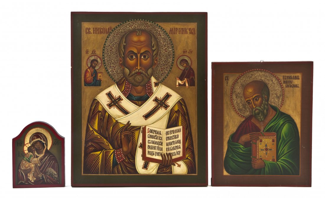 Three Byzantine Style Painted and Parcel Gilt Ico: Three Byzantine Style Painted and Parcel Gilt Icons, each painted on panel, two of rectangular form and depicting Saint John the Theologian, the other of domed form depicting the Madonna and Child. He