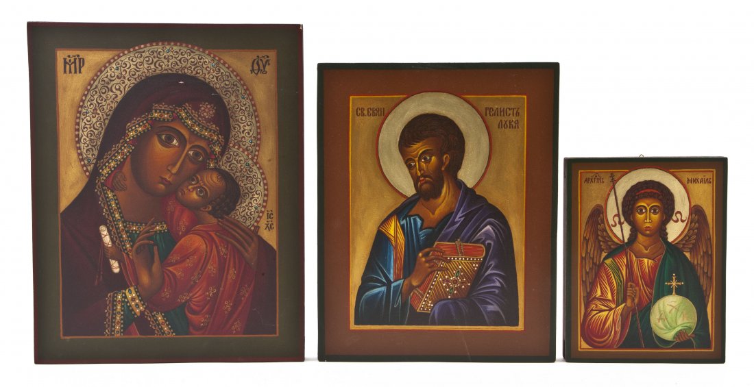 Three Byzantine Style Painted and Parcel Gilt Ico: Three Byzantine Style Painted and Parcel Gilt Icons, each of rectangular form and painted on panel, the first depicting the Madonna and Child, the second St. John the Theologian and the third the arch