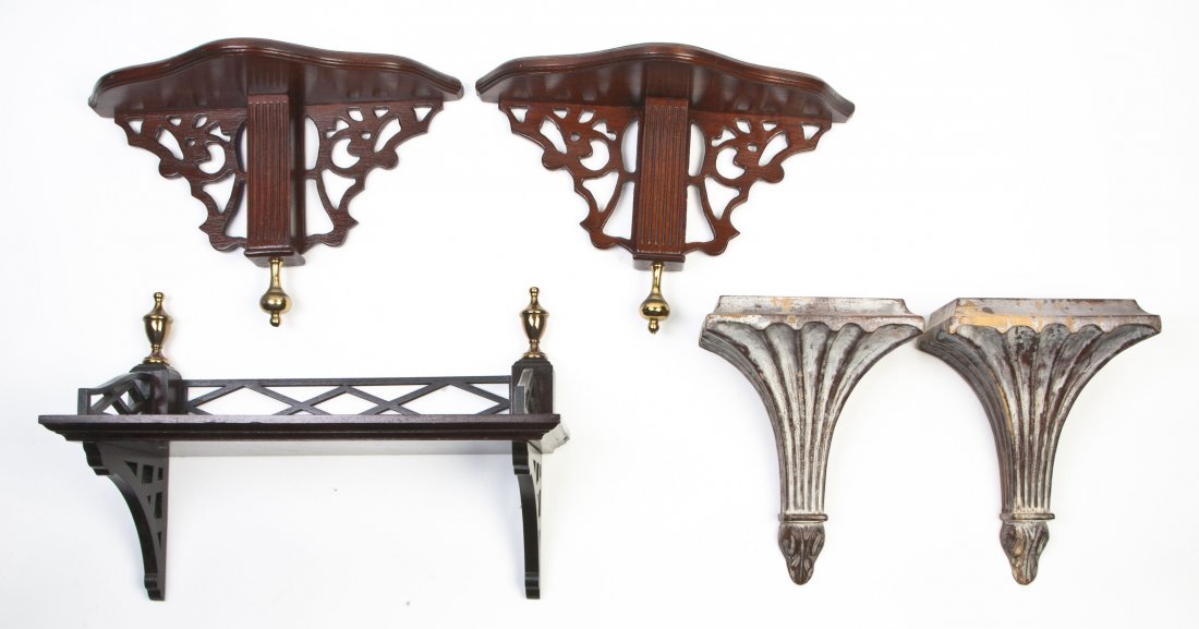 Two Pairs of Wall Brackets, Length of longest 16 : Two Pairs of Wall Brackets, including a Chippendale style pair with brass pendant finials and a painted pair of tapering form with a fluted support, together with a Chippendale style hanging shelf wit