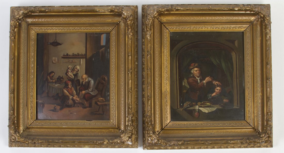 After Gerrit Dou, (Dutch, 1613-1675), The Doctor : After Gerrit Dou (Dutch, 1613-1675) The Doctor together with The Dentist oil on tin 9 1/2 x 8 inches each.
