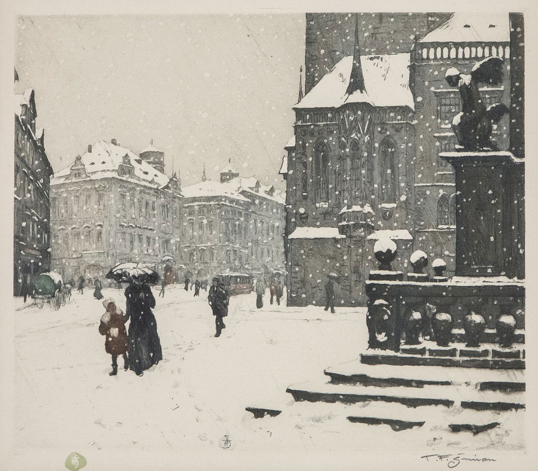 Tavik Frantisek Simon, (Czechoslovakian, 1877-194: Tavik Frantisek Simon (Czechoslovakian, 1877-1942) L'Hiver a Prague; Effet de Neige color etching signed T.F. Simon (lower right) 9 1/2 x 11 inches. Property from the Collection of Ji