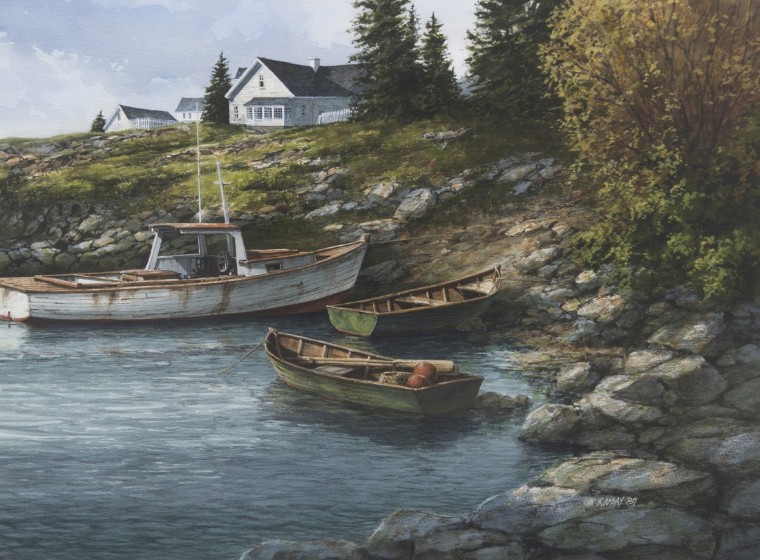 Ian Ramsay, (British, b. 1965), Boats Docked on a: Ian Ramsay (British, b. 1965) Boats Docked on a Lakefront, 1987 watercolor signed Ian Ransay and dated (lower right) 20 x 26 1/2 inches. Property from the Collection of Mr. and Mrs. A