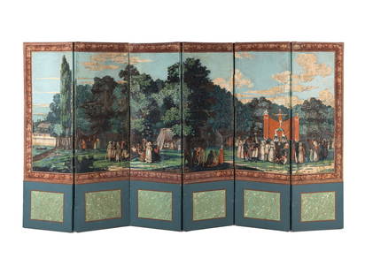 A French Hand-Painted Panoramic Wallpaper Mounted on a Six-Panel Screen: A French Hand-Painted Panoramic Wallpaper Mounted on a Six-Panel Screen Attributed to Joseph Dufour, First Half 19th Century Height 88 1/2 x width of each panel 26 inches. This lot is located in