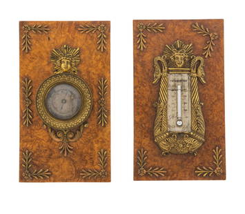 An Empire Gilt Bronze and Burlwood Desk Thermometer and Barometer Set: An Empire Gilt Bronze and Burlwood Desk Thermometer and Barometer Set 19th Century Height 7 5/8 x width 4 1/2 inches. This lot is located in Chicago. Property from the Estate of Ward Gerard Gosselin,