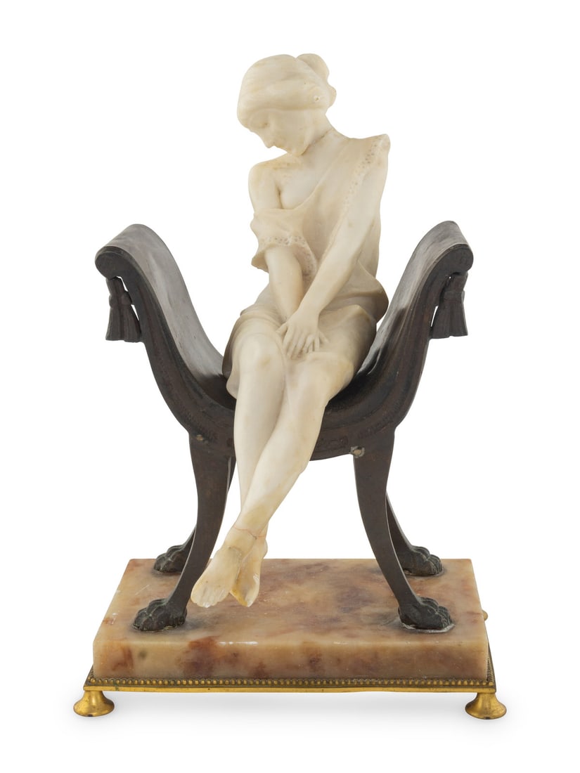 Emilio Fiaschi (Italian, 1858-1941): Emilio Fiaschi (Italian, 1858-1941) Seated Woman, c. 1920s carved alabaster, bronze, marble signed E. Fiaschi / Italy to underside of figure Height overall 13 1/4 inches. This lot is located in Chicag