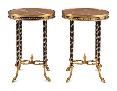 A Pair of Louis XVI Style Gilt Bronze Mounted Marble-Top Side Tables in the Style of Adam Weisweiler: A Pair of Louis XVI Style Gilt Bronze Mounted Marble-Top Side Tables in the Style of Adam Weisweiler 20th Century Height 28 1/4 x width 20 x depth 14 3/4 inches. This lot is located in Chicago.